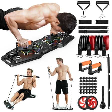GINOST Foldable Push Up Board 25-in-1 with Resistance Bands, Ab Roller & Bar, Color-Coded Home Gym Workout Equipment for Chest, Arms, Back