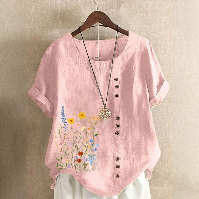 Staron Summer Shirts for Women 2025 Clearance Roll Up Short Sleeve Loose Casual Shirts Cotton Linen Dressy Round Neck Tunic T-Shirts Summer Floral Print Tops