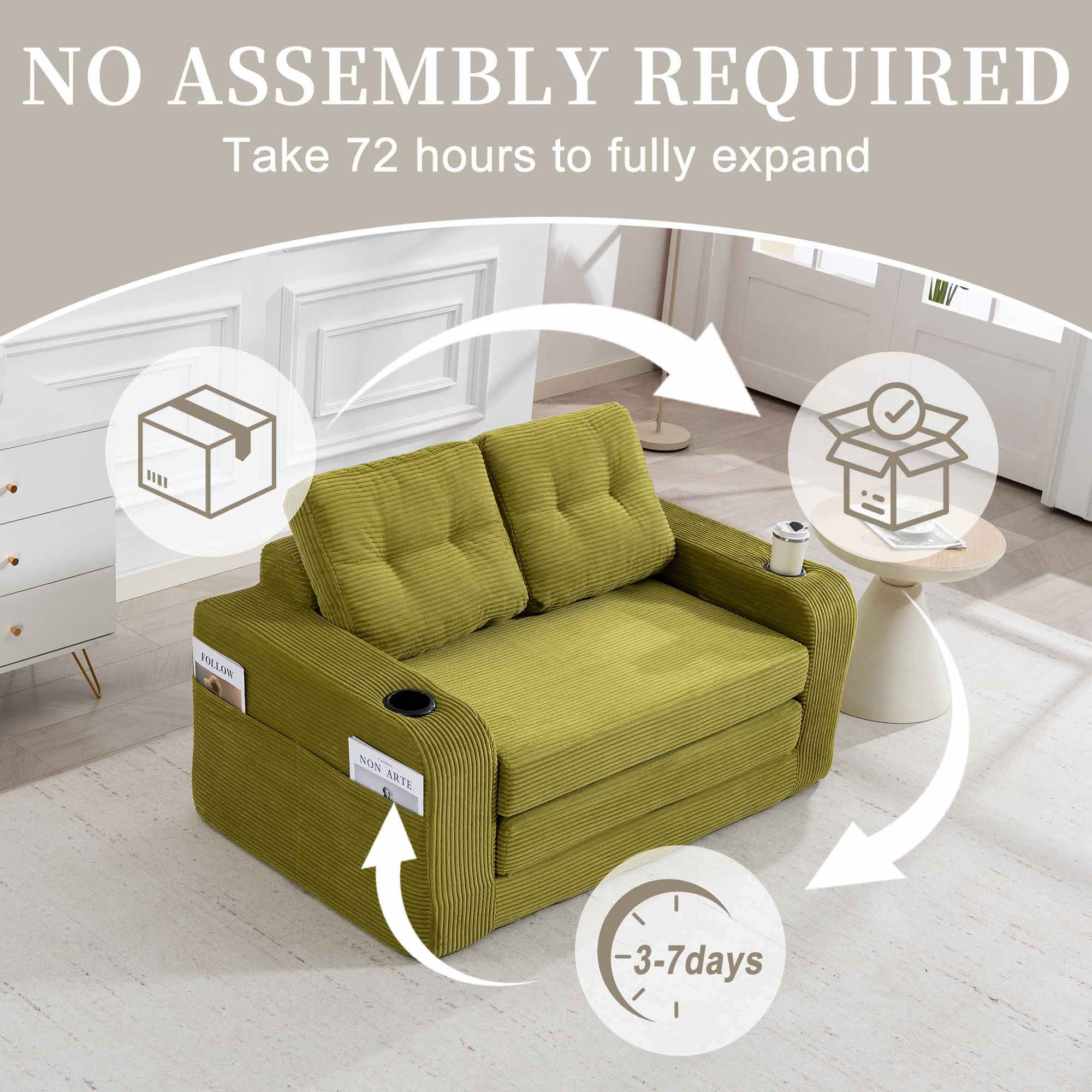 Lunale 54" Convertible Sofa Bed, Small Boneless Cloud Couch with Cup Holders, No Assembly Required, Corduroy Floor Sleeper Sofa, Green