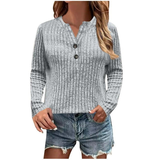 VSSSJ Sweaters for Women Button Up V Neck Long Sleeve Tops Pullover Ribbed Knitted Casual Loose Fall Blouse Tops Gray XXL
