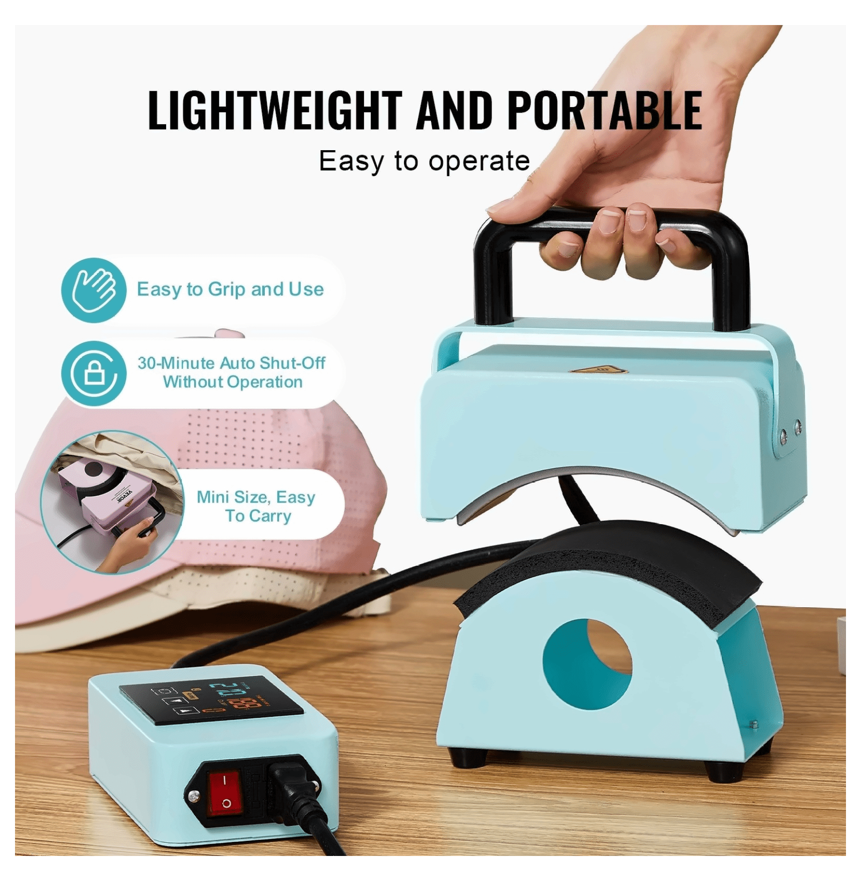 Hat Press Machine Mini for Caps 5.9x3.15 inch - Portable Heat Press for Hat Customization, Curved Ceramic Plate, Adjustable Temperature, Silicone Pad