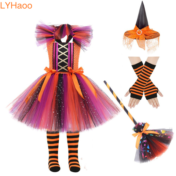 LYHaoo 4 PCS Girls Witch Halloween Set, Sequin Tulle Witch Colorful Dress with Hat Broom Thigh Socks Gloves Kids Party Dress Up Sets(7-8 Years)