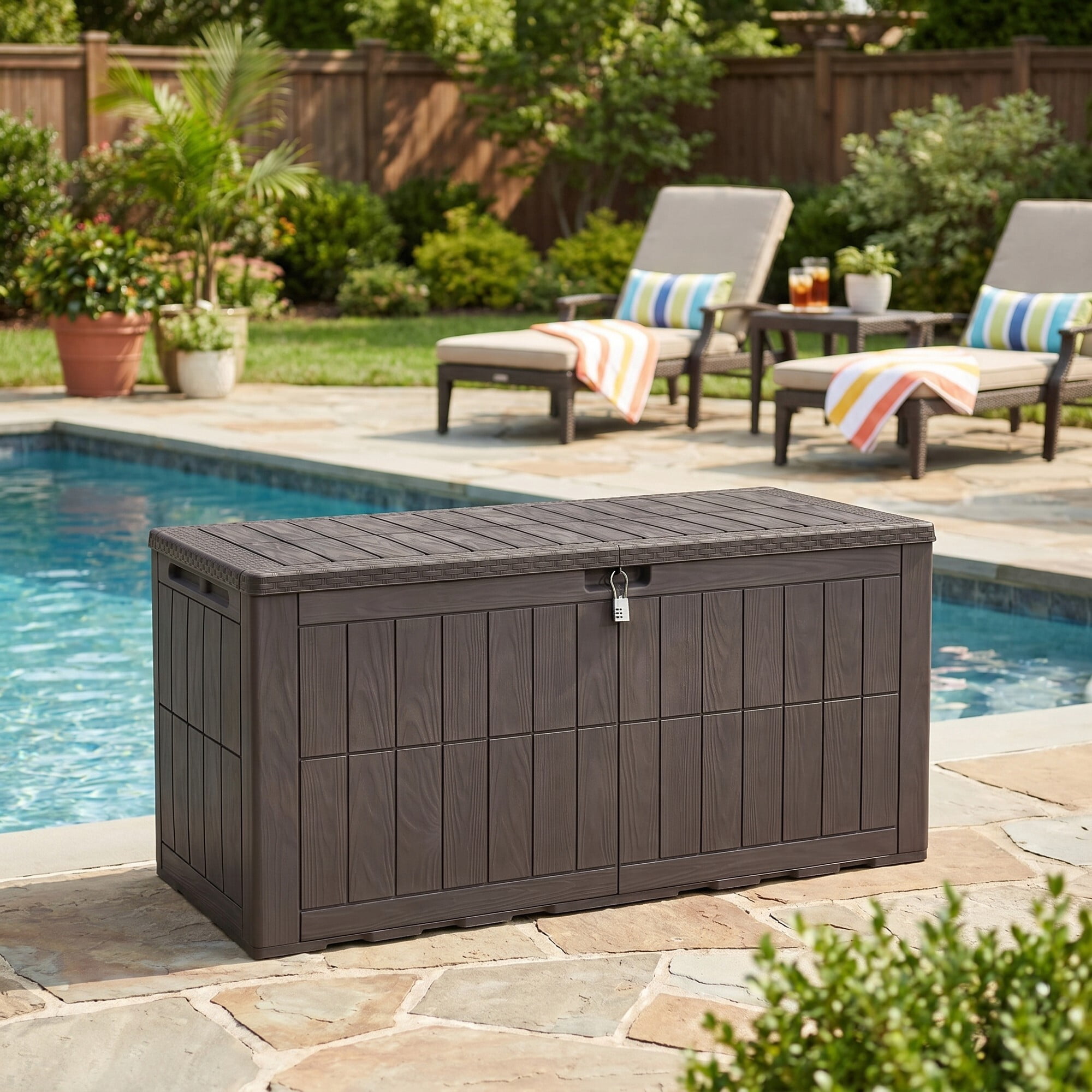 Uforic 134 Gallon Waterproof Outdoor Storage Box with Lock, Resin Deck Box with Hydraulic Support, Weatherproof Storage Bin for Patio Cushions Garden Tools Pool Supplies, Dark Brown