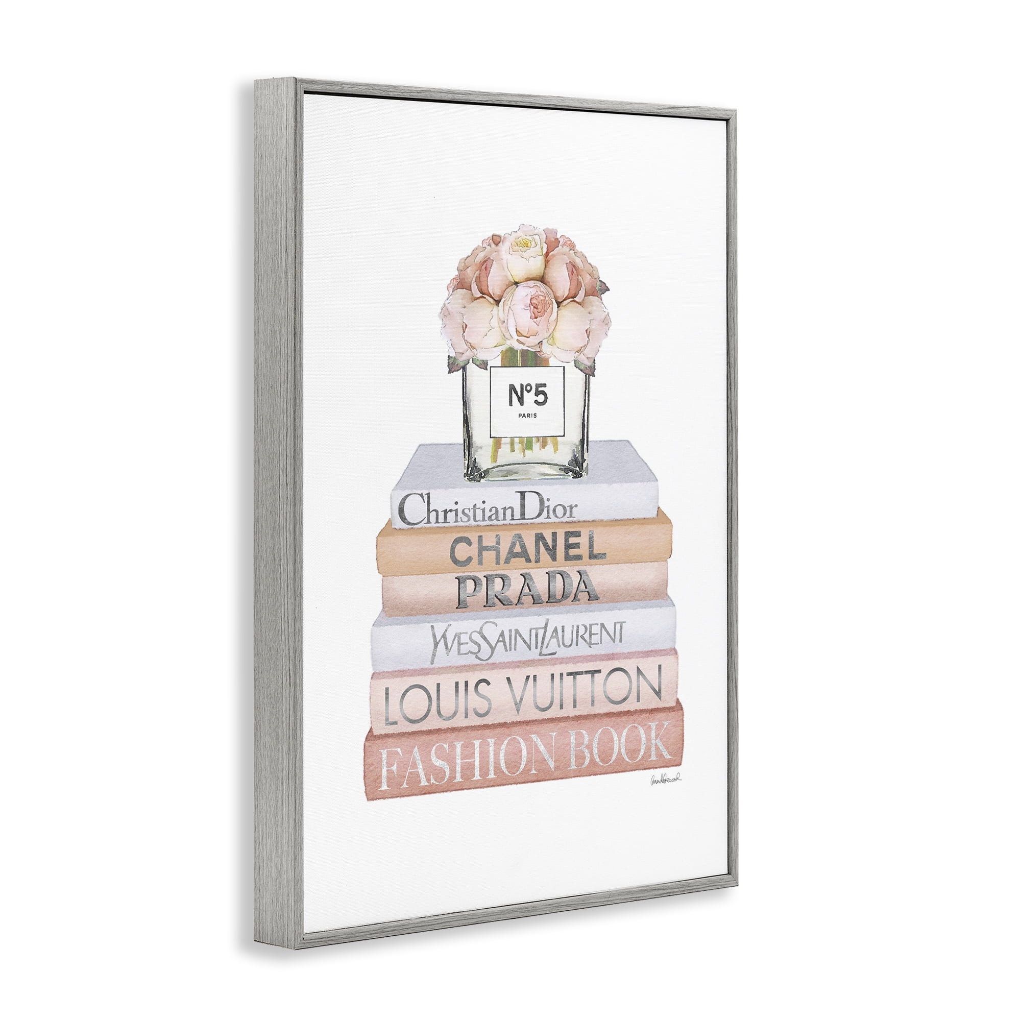 Stupell Industries Glam Bookstack & Flowers Botanical & Floral Painting Gray Framed Art Print Wall Art, 12 x 18