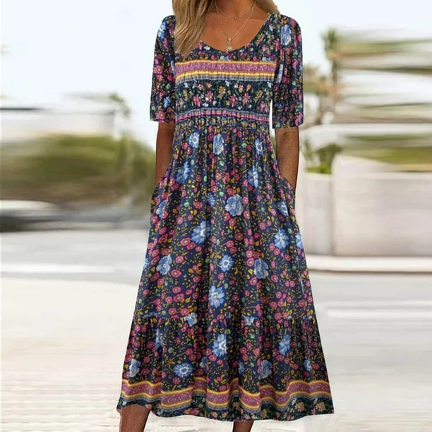 ICHUANYI Clearance Fashion Women Casual Sexy Round Neck Printing Summer Short Sleeve Pockets Dress(Purple, XXL) ICHUANYI WER2023080702784