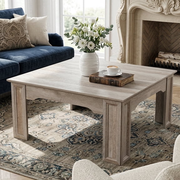 39.4" Farmhouse Square Coffee Table for Living Room, Wood Grain Finish with Carved Legs, Grey