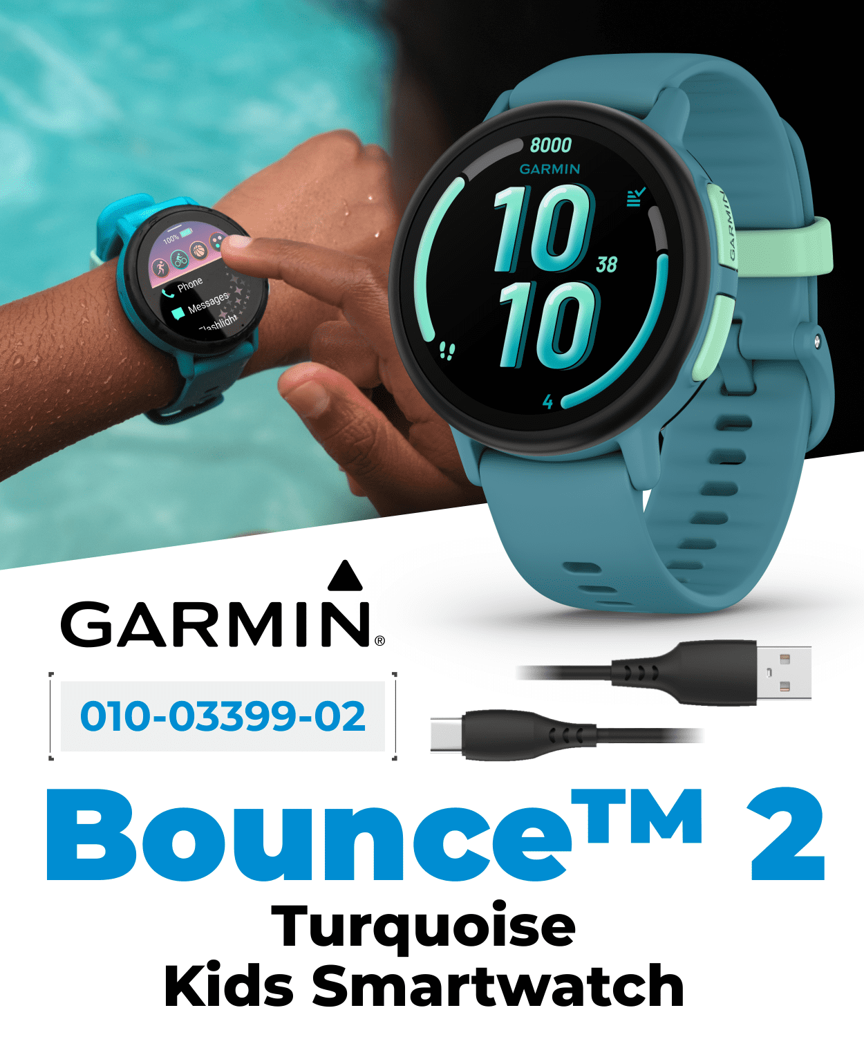 Garmin Bounce 2 Kids Smartwatch with LTE – Two-Way Calling, Text Messaging, Real-Time GPS Tracking, Swim-Friendly AMOLED Display, Music, Turquoise w/Wearable4U PowerBank Bundle