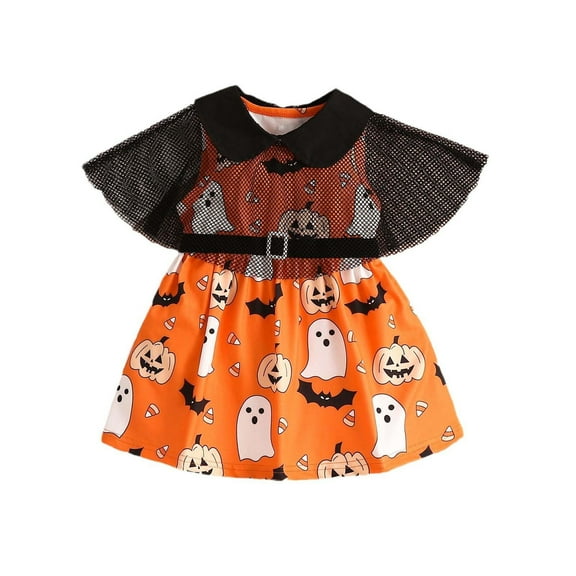 Odeerbi Toddler Girls Halloween Tank Dress with Tulle Shrugs Pumpkin Ghost Print Party Princess Dress Children's Clothing Halloween Ghost Print Dress Mesh Shawl Two-Piece Set Orange