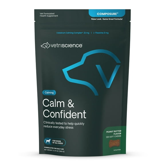 VetriScience Calm & Confident Anxiety Chews for Dogs, Peanut Butter Flavor, 120 Count Bag