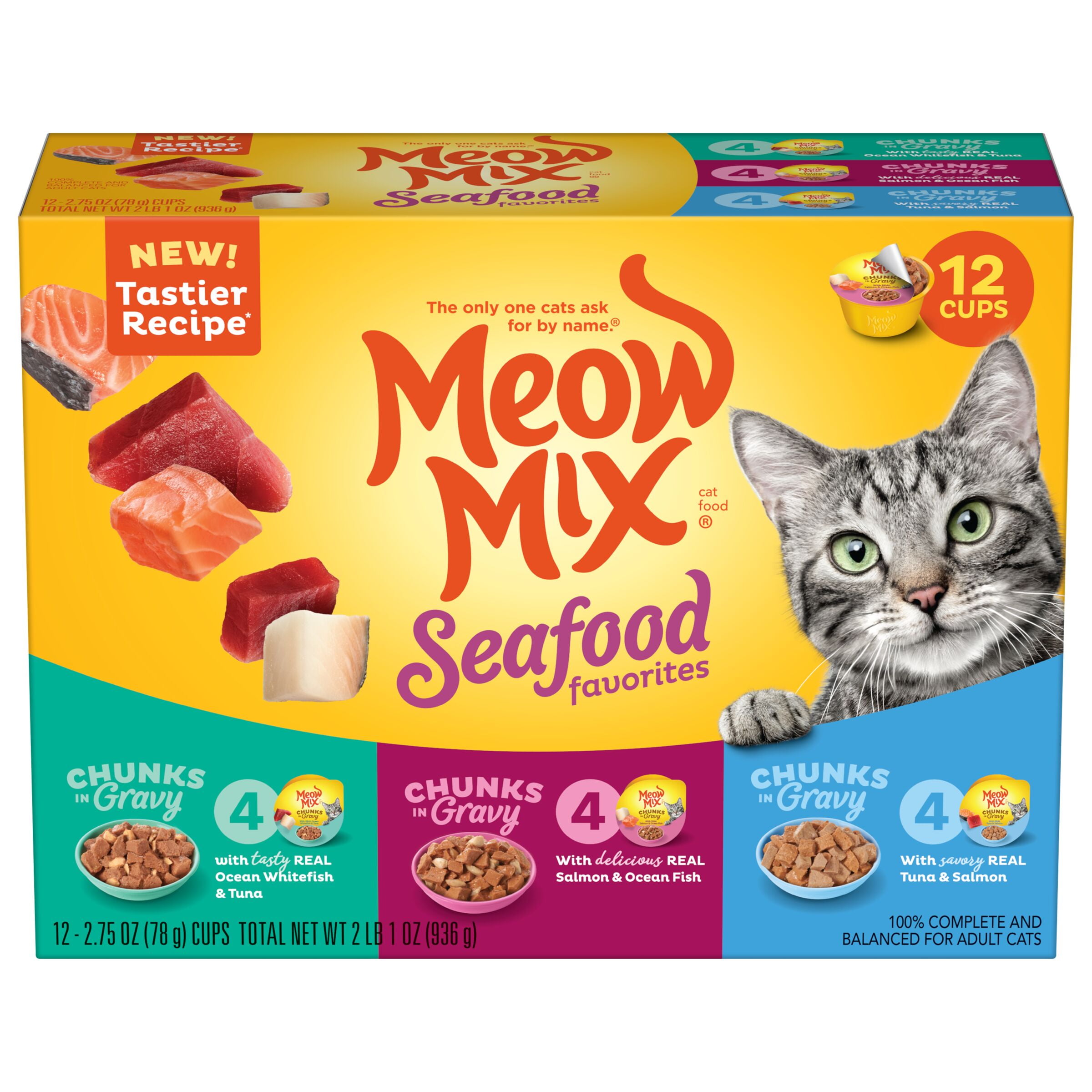 Meow Mix Savory Morsels Seafood Favorites Variety Pack, 2.75-Ounce Cans, Pack of 12