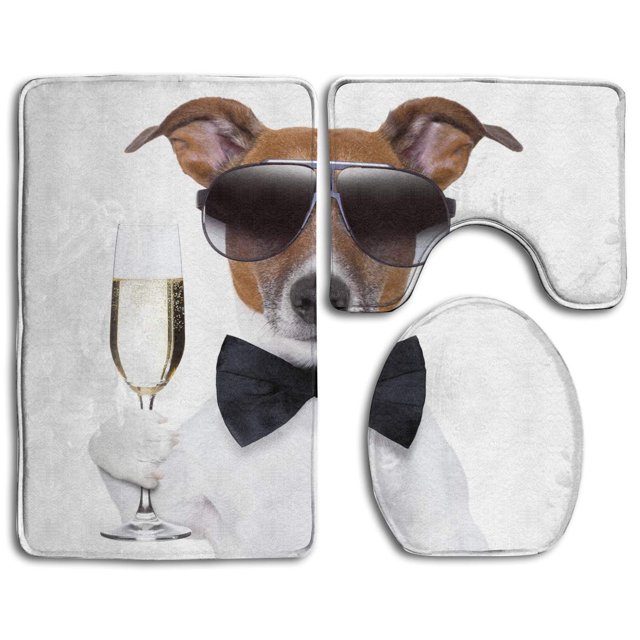 ABPHQTO Perros y Champagne Juego de alfombras de baño de 3 piezas Alfombra de baño Alfombra de contorno y tapa de inodoro
