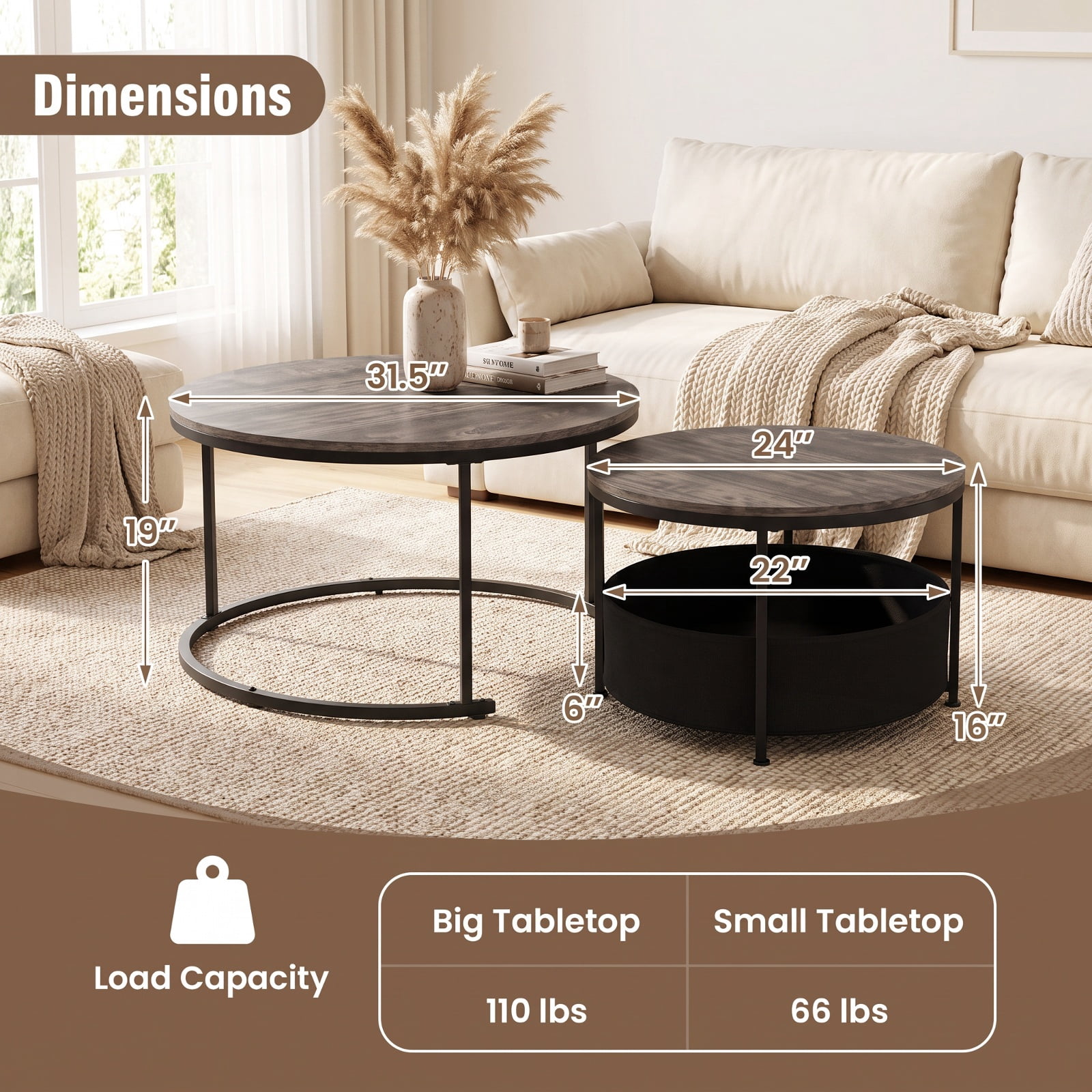 Furnibear Round Coffee Table Set of 2 Nesting Cocktail Tables with Fabric Storage Basket for Living Room and Bedroom, Gray