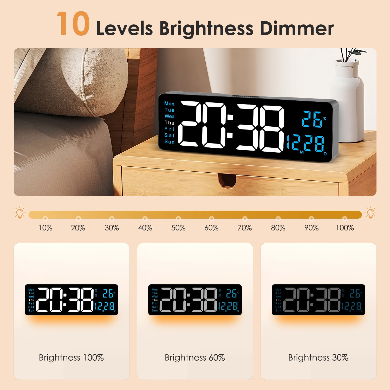 Onekawa 16" Digital Wall Clock,Dimmer Dual Alarm Clocks for Bedroom,8 Colors Large LED Display with Remote Control,12/24H,Black