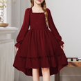 thumbnail image 2 of LIJCC Girls Dress Puff Trendy Cute Elegant Solid Color Long Sleeve Square Neck High Low Hem Smocked Shirred Tiered Ruffle Flared Party Fall Dresses, 2 of 7