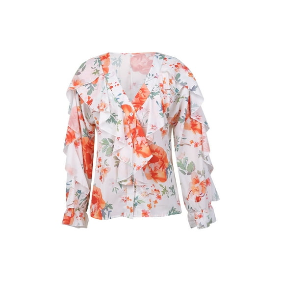 KOMOO Women Casual VNeck Blouse Long Sleeve Button Down Lotus Ruffled Elegant Shirt Chiffon Blouse Top