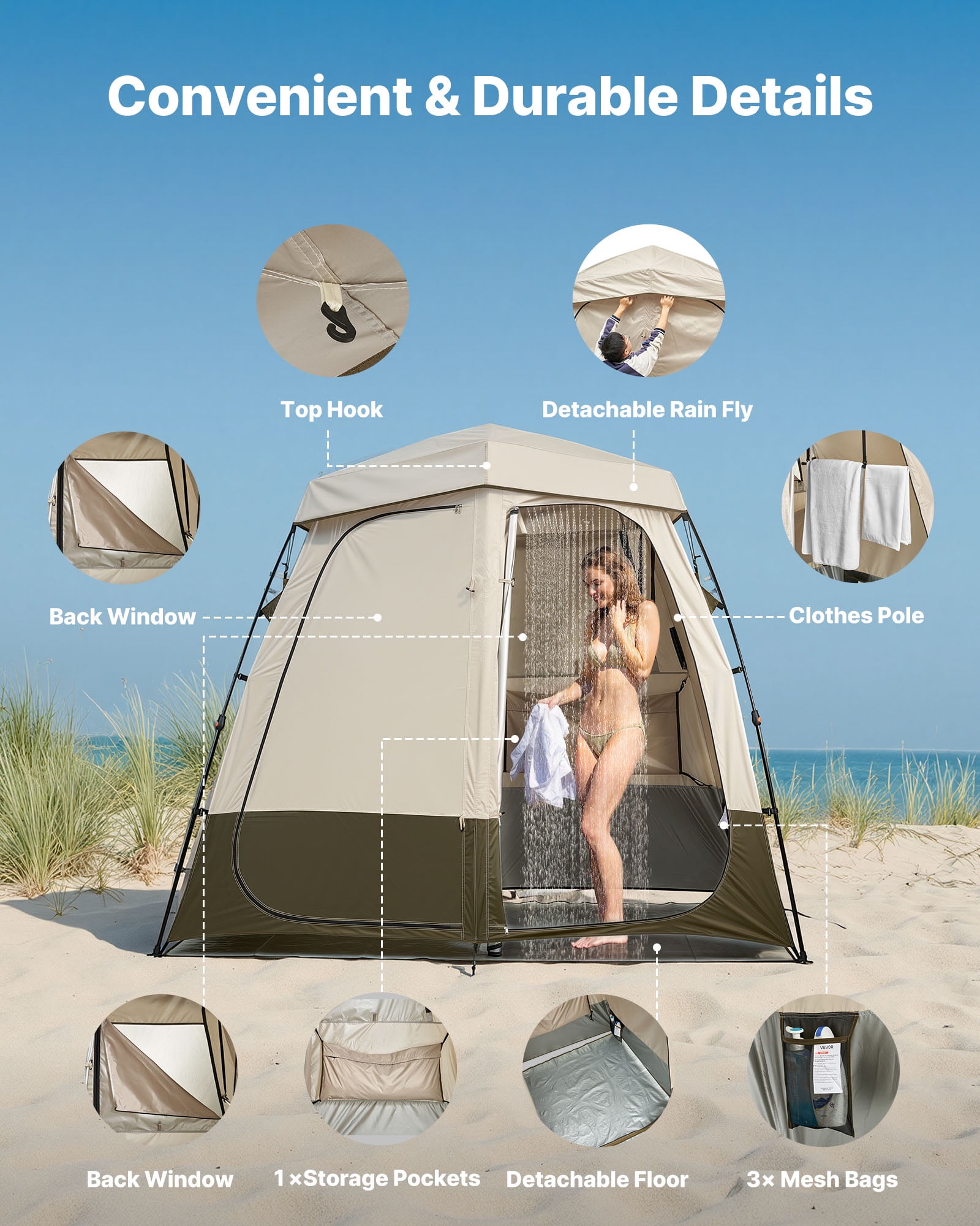VEVOR Camping Shower Tent, 2-Room Foldable Privacy Tent Changing Room with Ground Stakes, Ropes, Carry Bag, and Crossbar, 150D Oxford Fabric with Silver Coating, for Camping, Beach, and Fishing