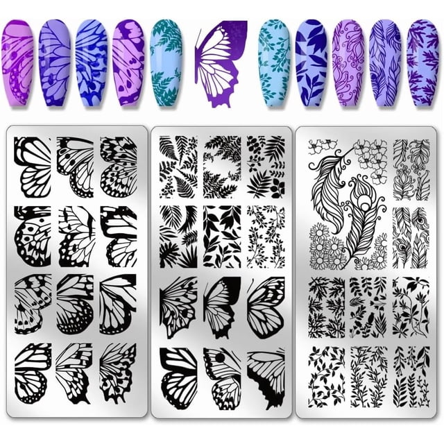 Juego de 3 sellos para uñas con forma de mariposa, 36 diseños de plantas, placa para estampar uñas con hojas y ramas, plantillas para uñas, placa de acero inoxidable con imágenes para uñas.