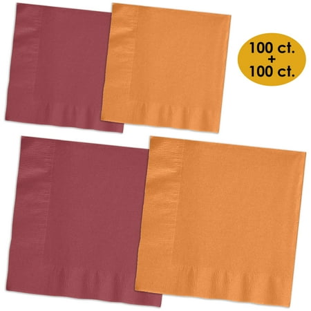 Orange Beverage Napkins 200 Napkins - Burgundy & Autumn Orange - 100 Beverage Napkins + 100 Luncheon Napkins, 2-Ply, 50 Per Color Per Type ()