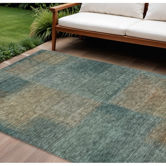 HomeRoots 584306 9 x 12 ft. Abstract Washable Indoor & Outdoor Rectangle Area Rug, Teal Blue, Brown & Taupe