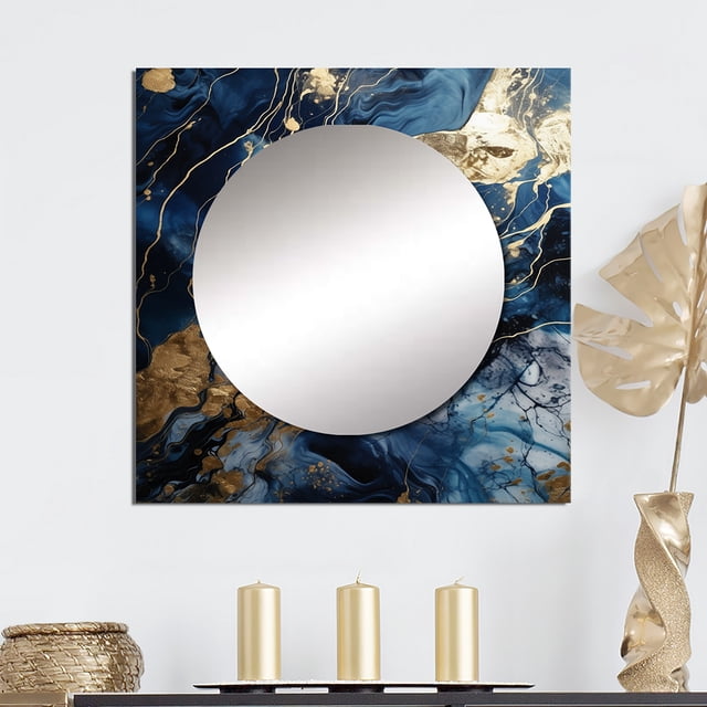 Designart "Cerulean Geode Depths III" Abstract Marble Blue Large Square Mirror - Square Bedroom Mirror Printed Wall Decor - Modern Square Printed Wall Mirror Art