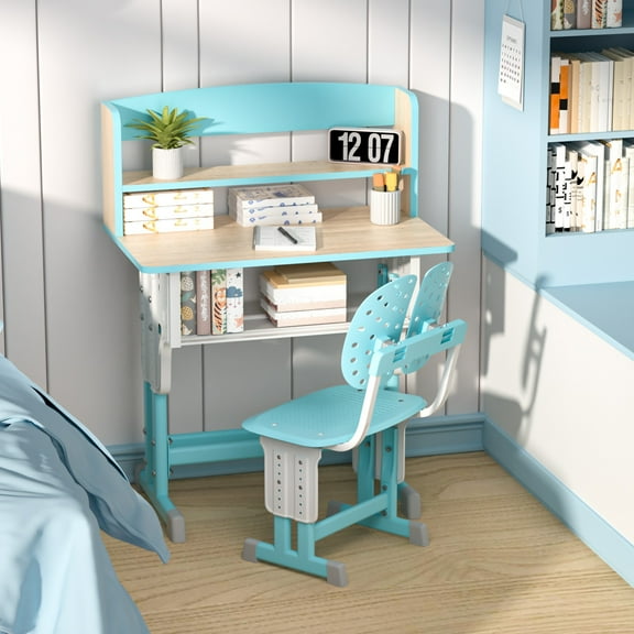 Lanzxjv 2Pcs/Set Kids Desk Chair Set, Liftable School Leaning Table Chair Set with Drawer Design, Children Desk Chair Set with Dual Partition Book Stand, Backpack Hook, Cup Holder