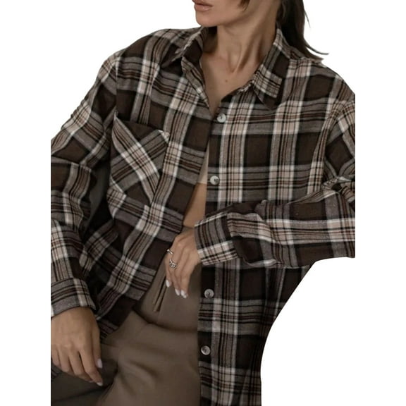 Women Plaid Flannel Shirts Oversized Long Sleeve Button Down Plaid Shirt Blouse Tops Brown M