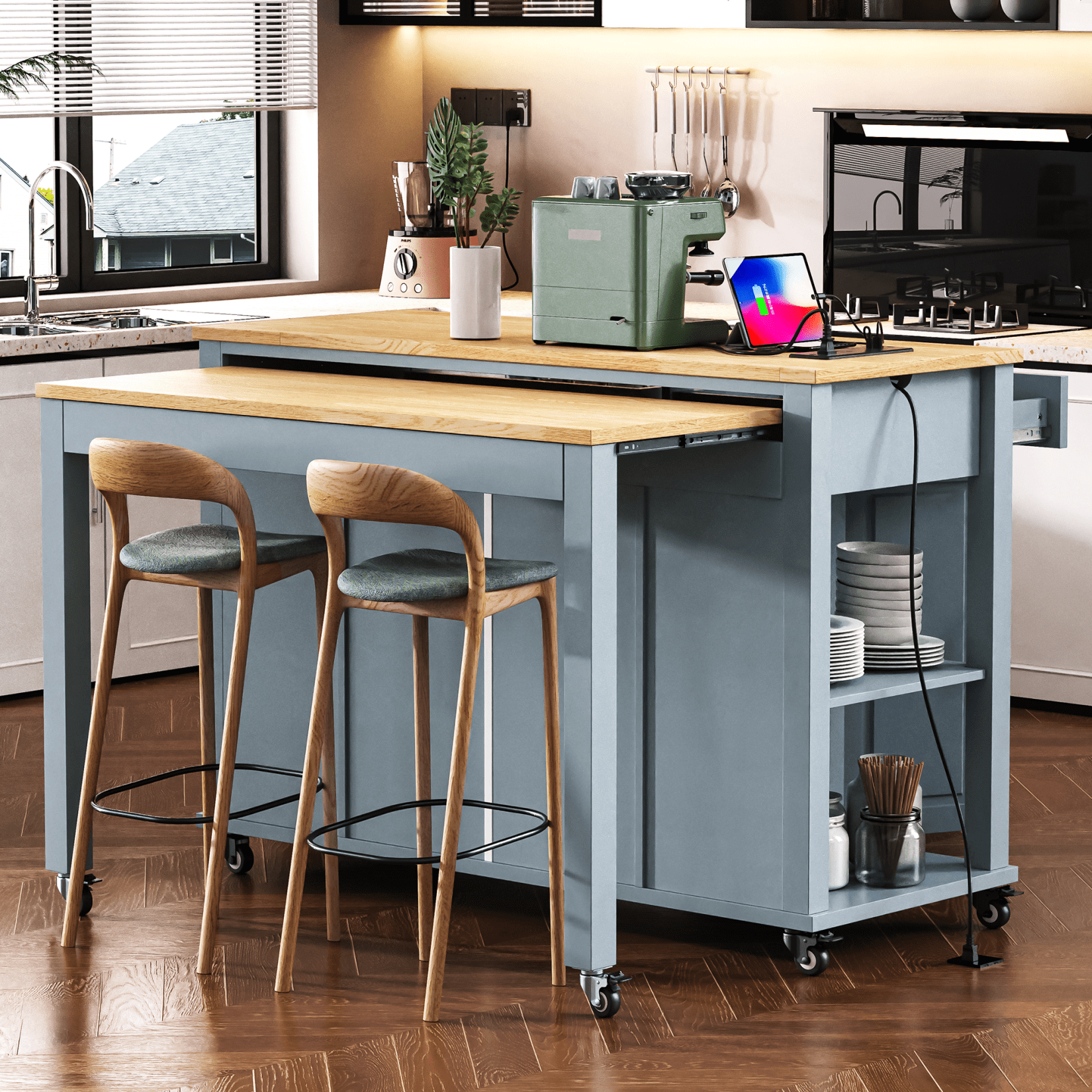 Harper & Bright Designs Kitchen Island with Extendable Dining Table, Kitchen Storage Cart with Drawers and Internal Storage Rack, Rolling Kitchen Island with Power Outlet, Grey+Blue