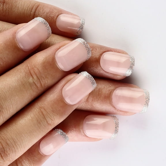 Aurgiarme 24x French Tip Full Covers False Nails Glittering Press On Nails Short Square Stick On Nails Acrylic Nails for Daily