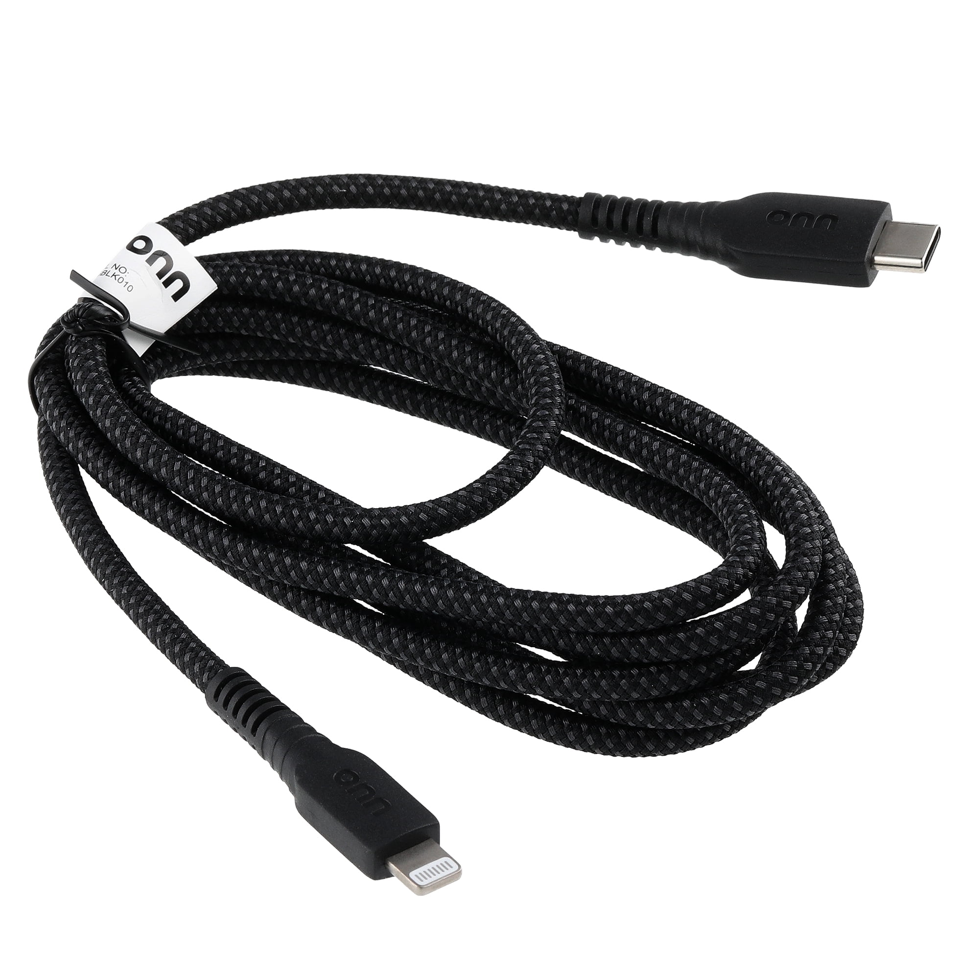 onn 6-Foot Braided Lightning to USB-C Cable, Black