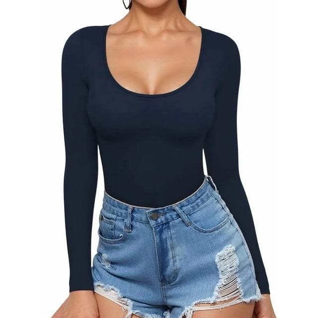 T-shirt Tunique Ajusté à Manches Longues à Encolure Dégagée pour Femmes, Bleu Foncé, L