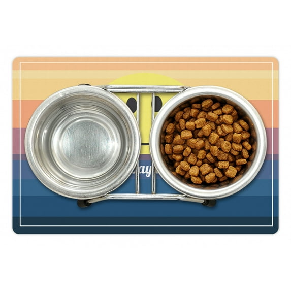 Smile Pet Mat for Food and Water, Joyous Typography and a Smirking Sun Print, Non-Slip Rubber Mat for Dogs and Cats, 18" X 12", by Ambesonne