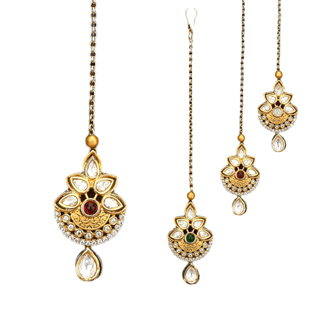 Indian Gold Plated Kundan Forehead Polki Maang Tikka Earring Chain Women Jewelry