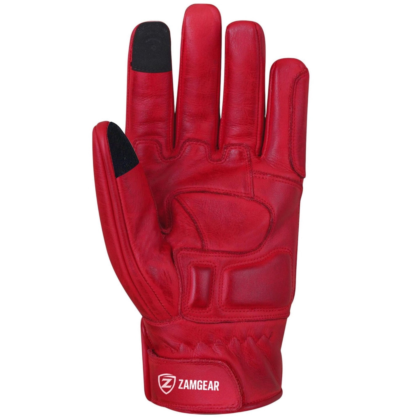 Motorcycle Leather Gloves With Reinforced Knuckles, Full Finger, Touchscreen Finger Tips, Red ZAMGEAR