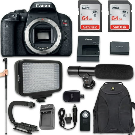 Canon EOS Rebel T7i DSLR Camera (Body Only) + 120 LED Video Light + Large Monopod + 128GB Memory + Shotgun Microphone + Camera & Flash Grip Handle