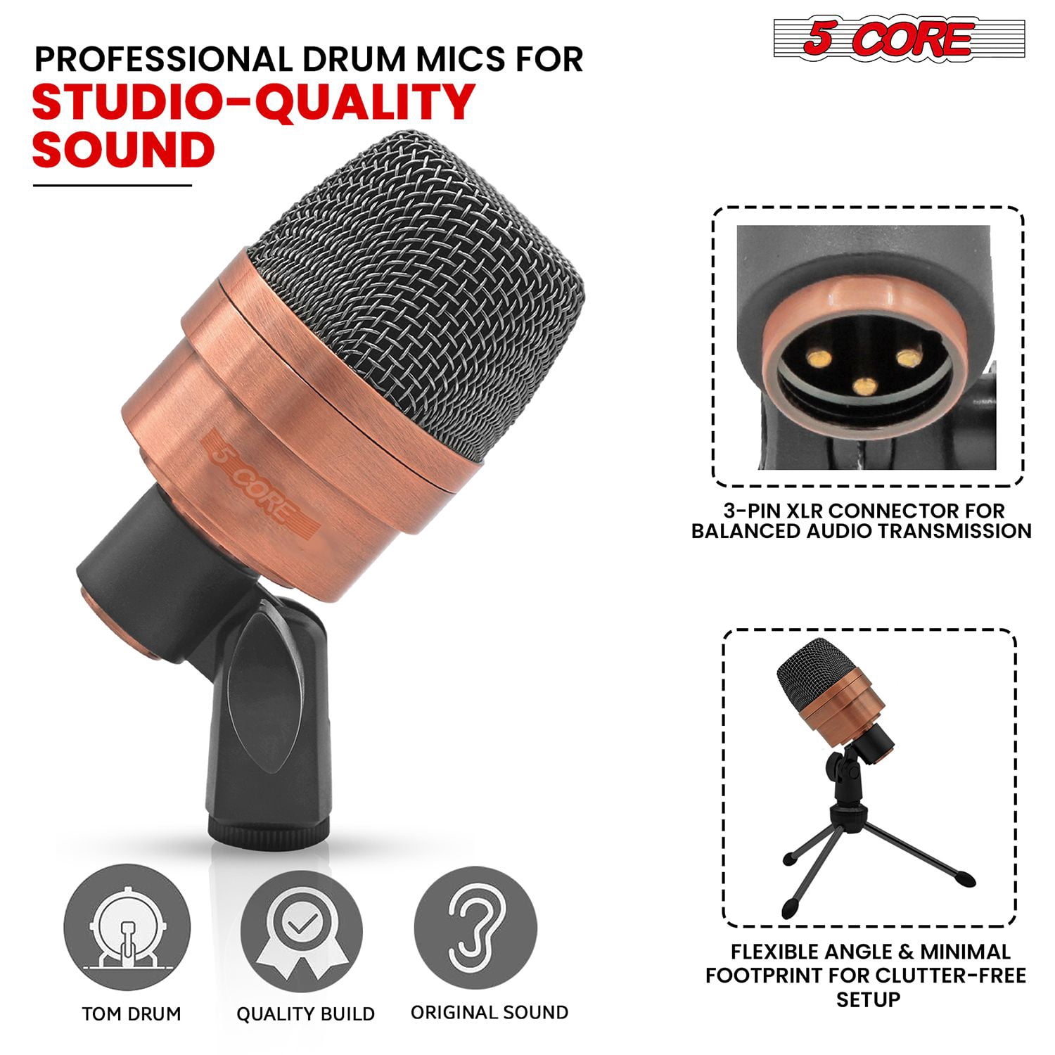 3XP Copperex Professional XLR Cardioid Mic Kit – 3-Piece Condenser Set for Conga, Snare, Tom (50Hz-18KHz) w/ Tripod, Mounts & Windscreen