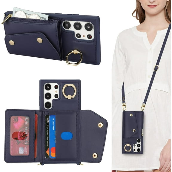 for Samsung Galaxy S23 Ultra Case with Card Holder and Strap - Zipper Pocket,Crossbody Lanyard Strap,Credit Card Holder,Stand Ring,Cute Phone Wallet Case for Women(Dark Blue,6.8 Inch)