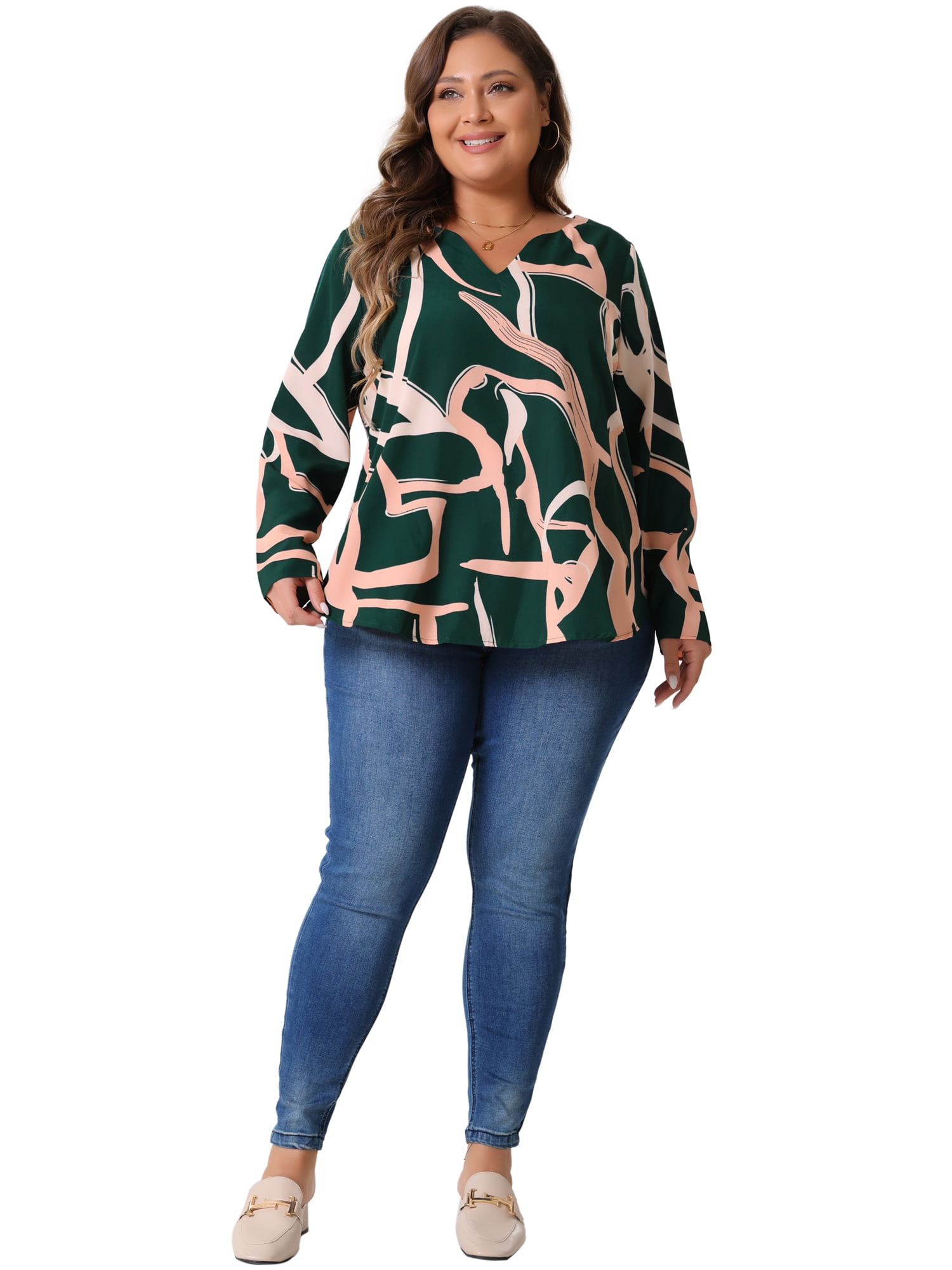 DARING DIVA Women's Plus V Neck Long Sleeves Casual Blouse 4X Green