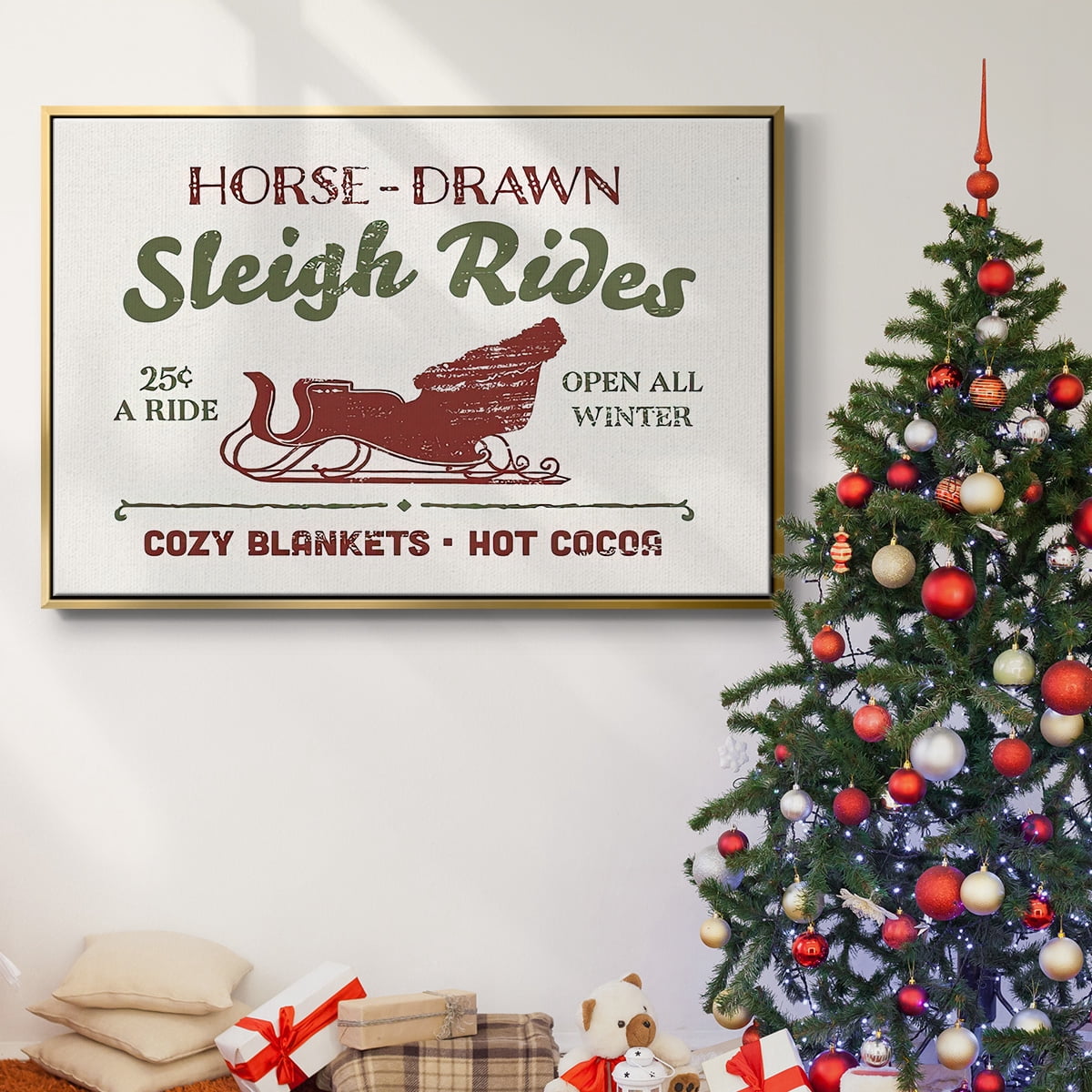 Christmas Farm Sign III - Framed Gallery Wrapped Holiday Canvas - 17 x 25 - Gold Frame