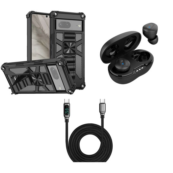 Accessories Bundle for Google Pixel 7a - (Black) Heavy Duty Armor Rugged Magnetic Mount Stand Case, Wireless Earbuds with Charging Case, Digital LED Display USB-C to USB-C Cable (3.3 Feet)