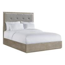 Pemberly Row Wood Queen Bed with Gray Fabric Upholstery in Headboard