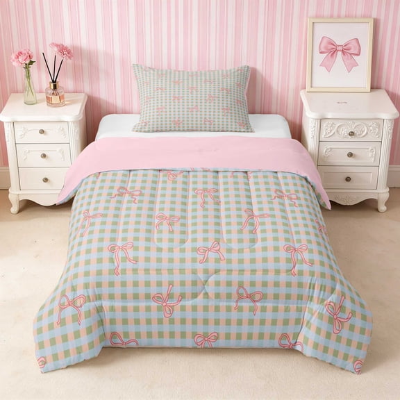 Erosebridal Pink Plaid Bow Tartan Twin Comforter Sets for Girls, Girly Checkered Preppy Print Bedding Set, Pink Reversible 2-Piece 1 Comforter and 1 Pillowcase