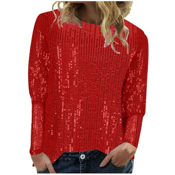 Scyoekwg Womens Fall Clothes Crewneck Tunic Tops Vintage Dressy Casual Blouses Long Sleeve Tops Loose Fall Clothes Sequin Graphic Tops Fashion Pullover(Red,M)