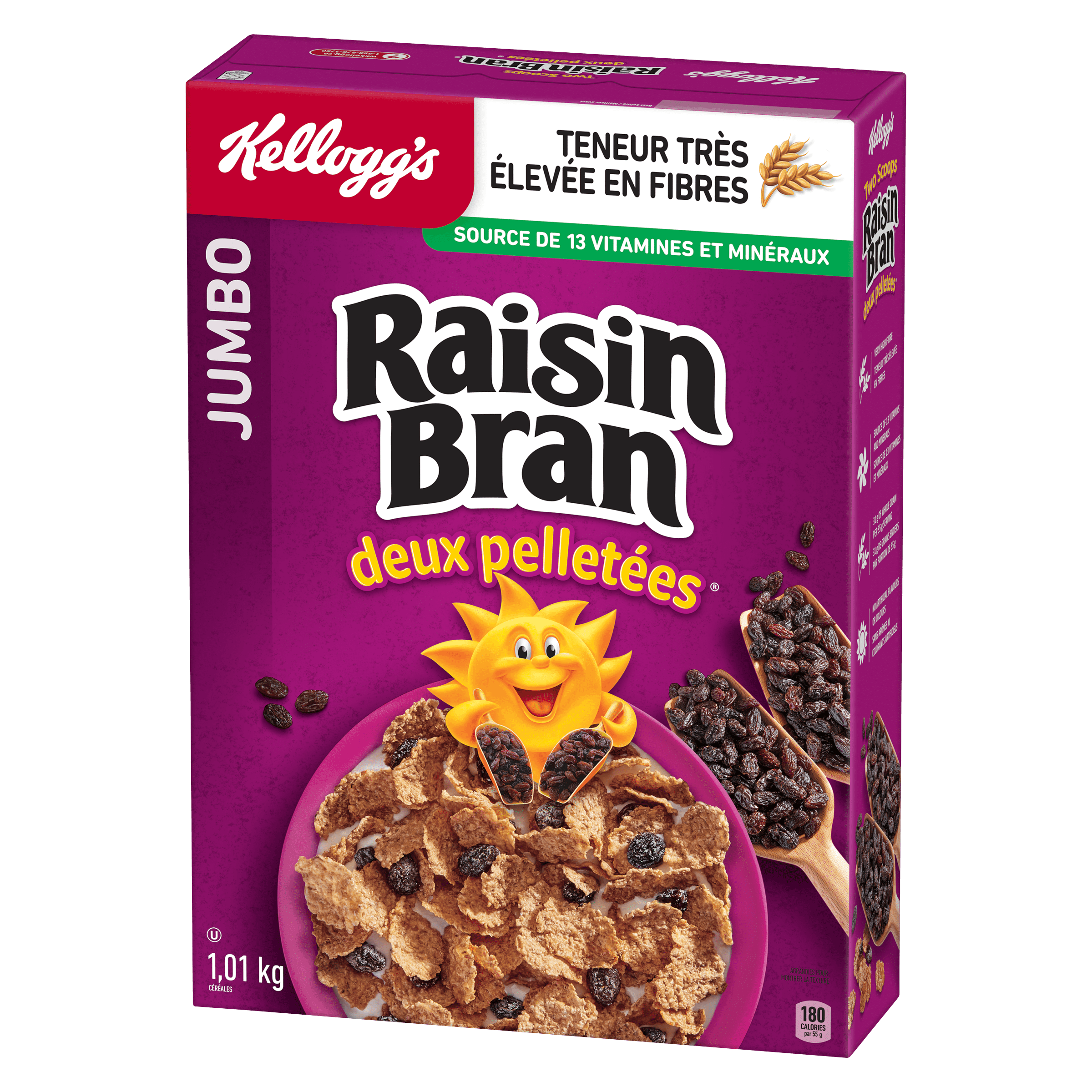 Kellogg's* Two Scoops* Raisin Bran Cereal Jumbo, 1.15 kg, Kellogg's* Two Scoops* Raisin Bran cereal is a delicious combination of crispy bran flakes & sweet sun-ripened raisins.