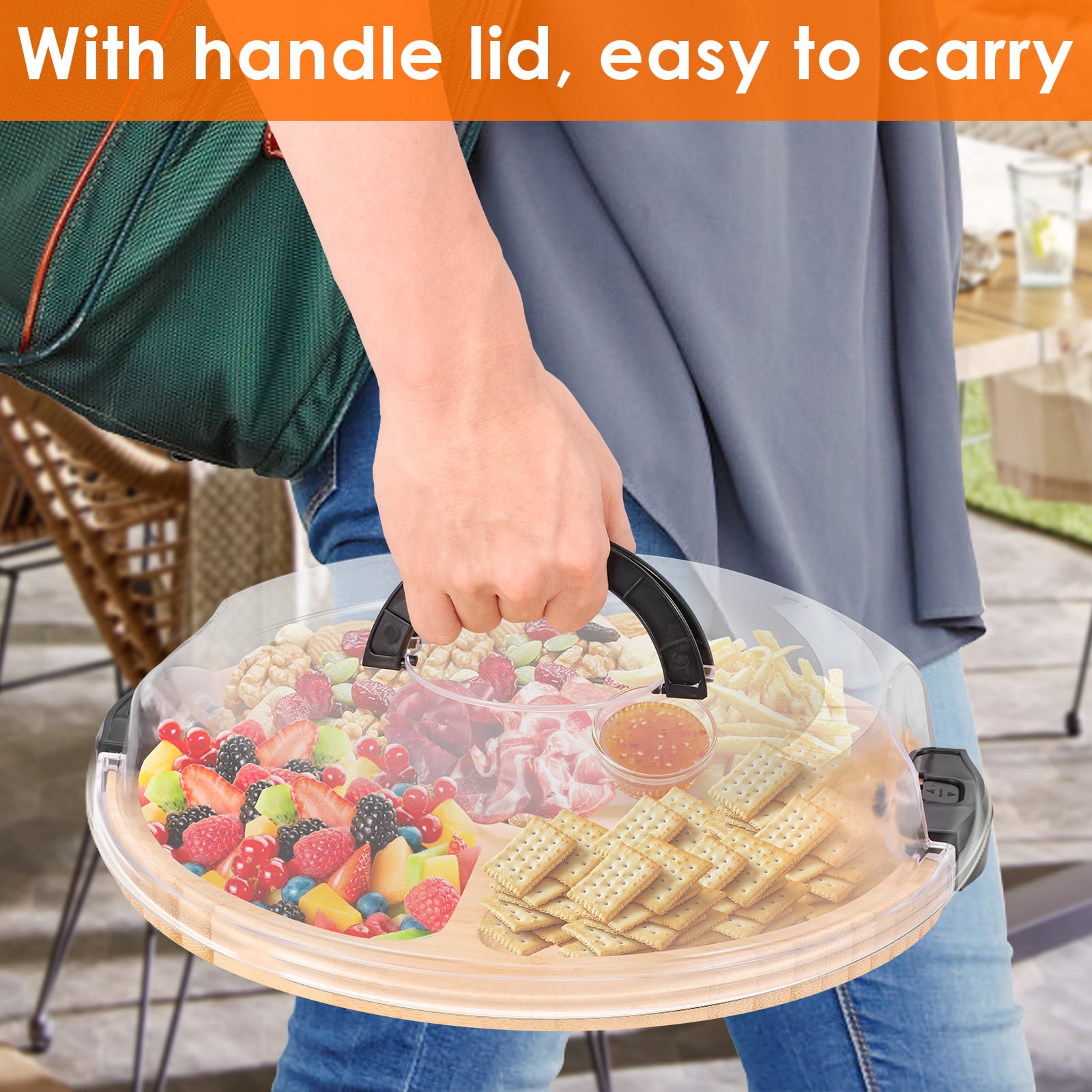 Ihvewuo Cheese Board Covered Fruits Platter Serving Tray Round Charcuterie Board with Lid Large Capacity Divided Design for Party Picnic Camping