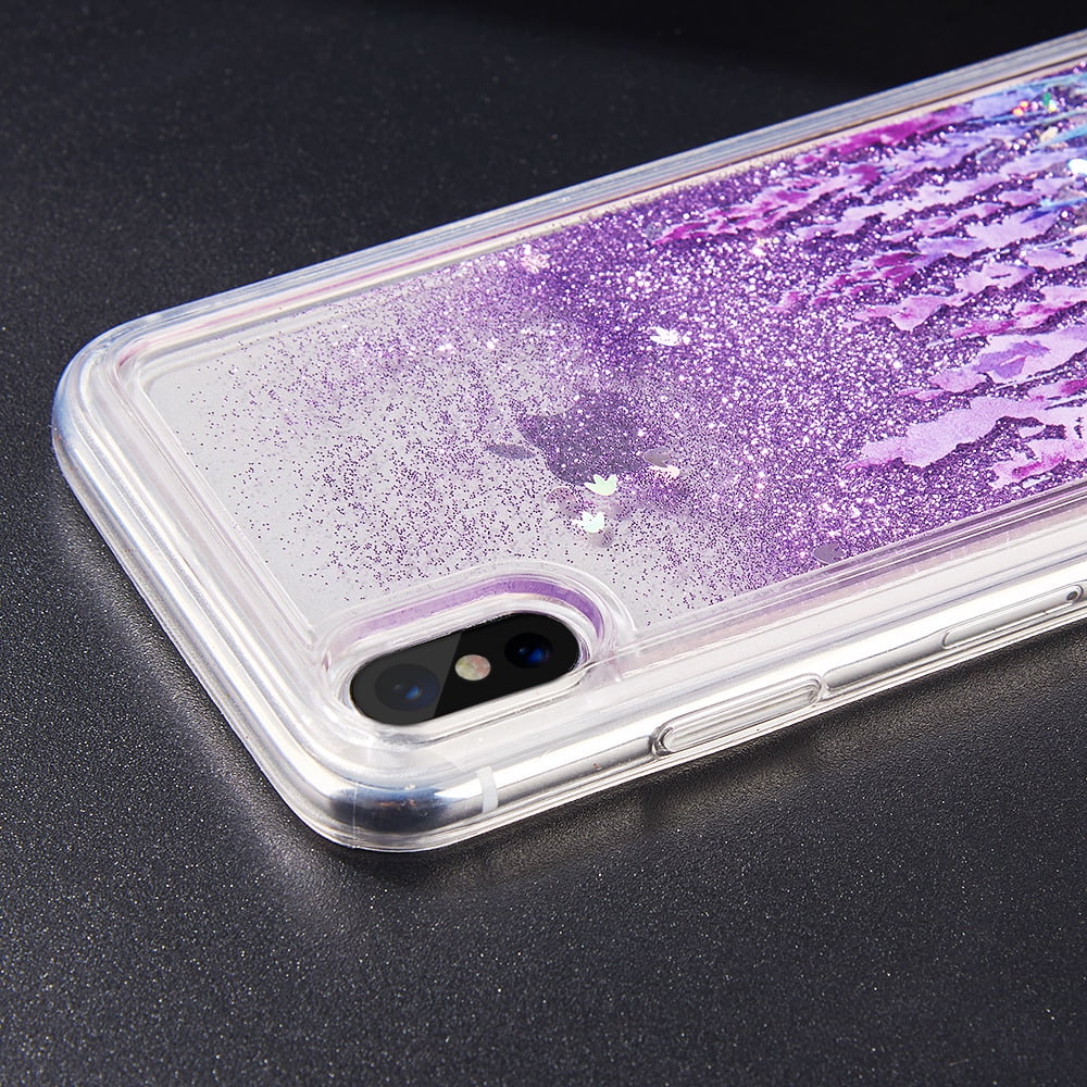 3D Winter Sparkle Glitter Waterfall Phone Case (Lavender Bliss) for Apple iPhone XS/X - Interactive Water Liquid Cascade Floating Snow Globe Dynamic Transparent Smartphone Cover - Purple Floral Nature