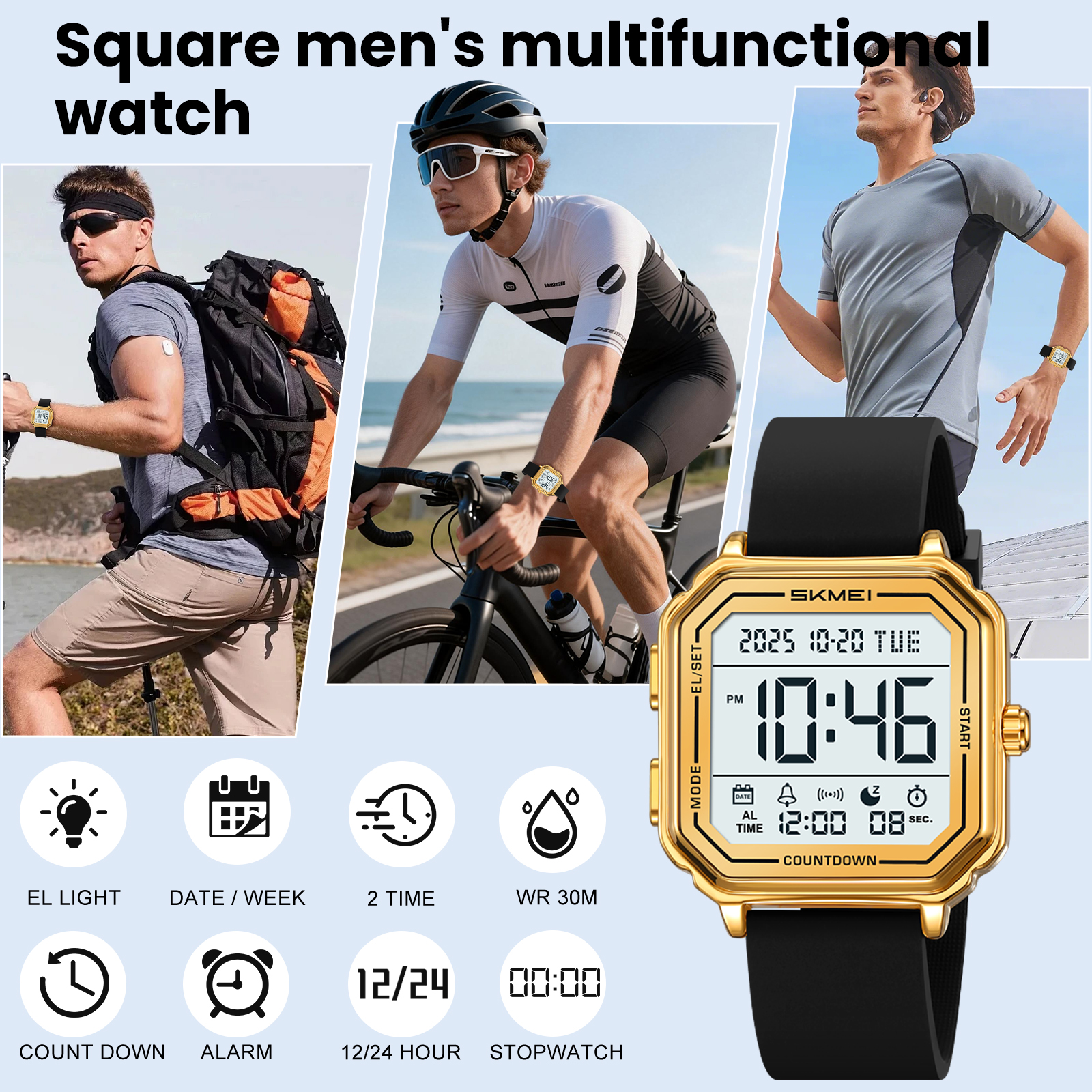 SKMEI Mens Digital Watch Sports Waterproof Outdoor Large Face Military Watches for Men with Stopwatch LED Back Ligh Alarm