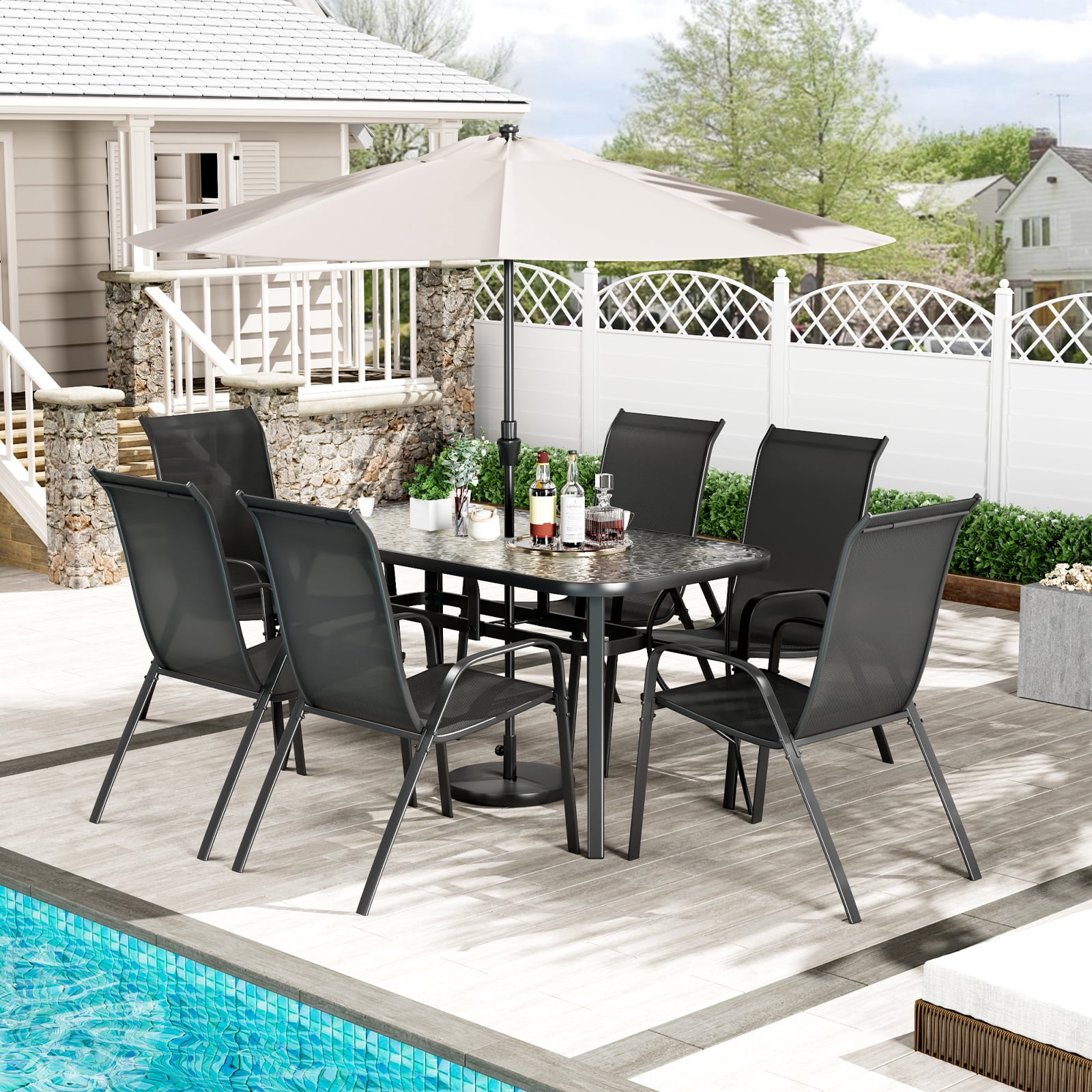 Pirecart Patio Dining set, Outdoor Furniture Set of 7 with Widened Table and Umbrella Hole, All Weather Patio Dinng Set for Garden, Backyard, Poolside, Black