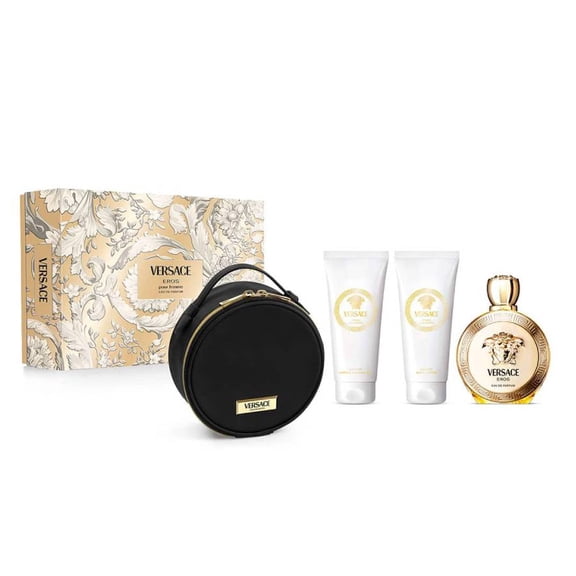 Versace Versace Eros , 4 Pc Gift Set 3.4oz EDP Spray, 3.4oz Luxury Body Lotion, 3.4oz Luxury Shower Gel, Round Make Up Case