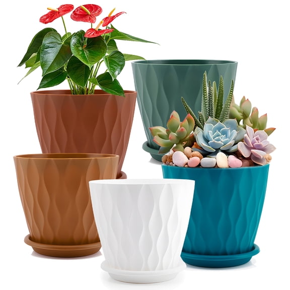 FOUKUS 6 inch Plastic Plant Pots: 5 Pack Indoor Planters with Drainage and Tray Outdoor Flower Pots, Multicolor