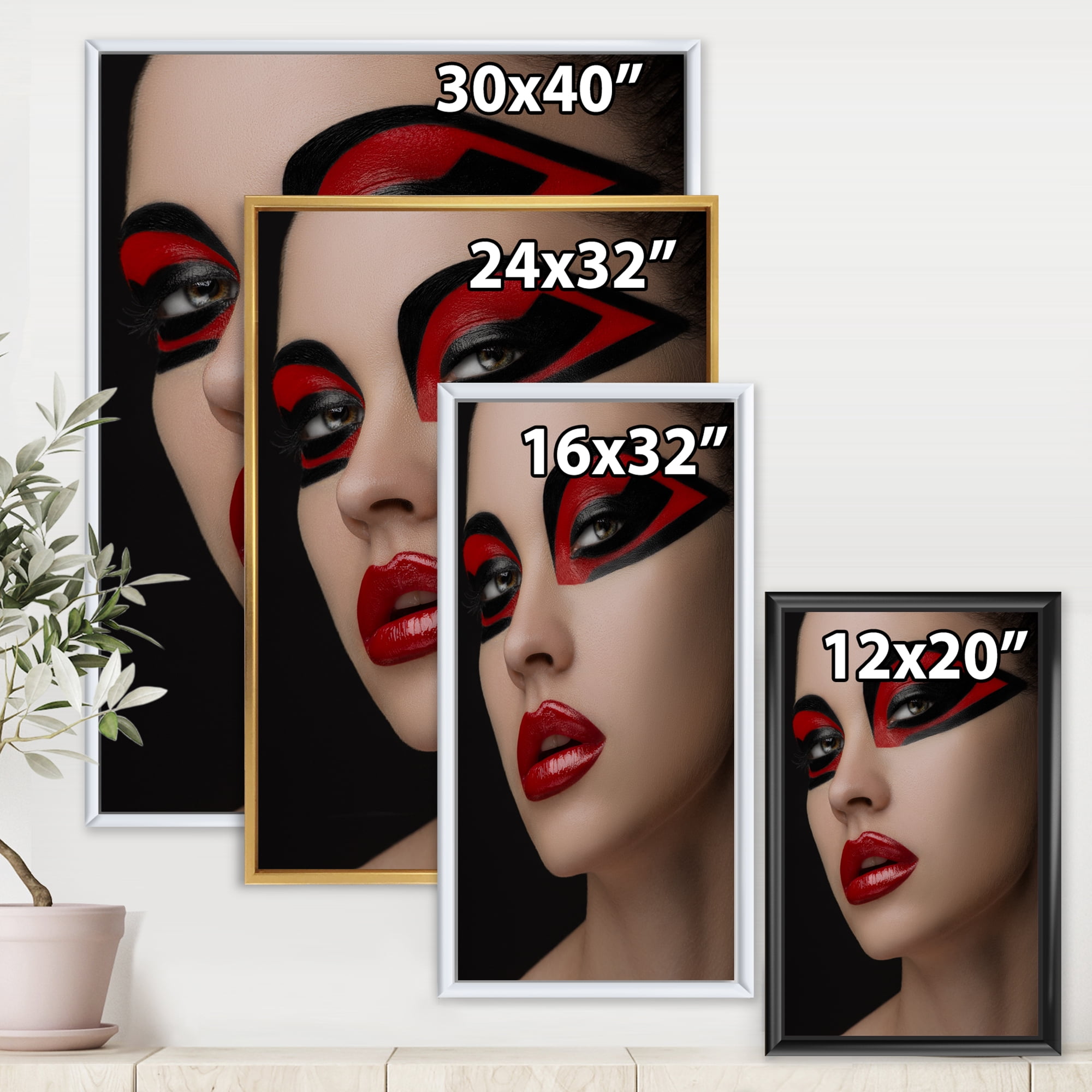 Designart 'Red Lips Black Makeup On The Eyes of Mask Girl' Modern Framed Canvas Wall Art Print